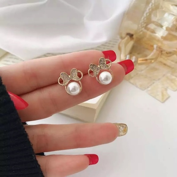 "Love You For Ears & Ears" Minnie Mouse Disney Gold Diamond Pearl Cute Earrings - Picture 5 of 8